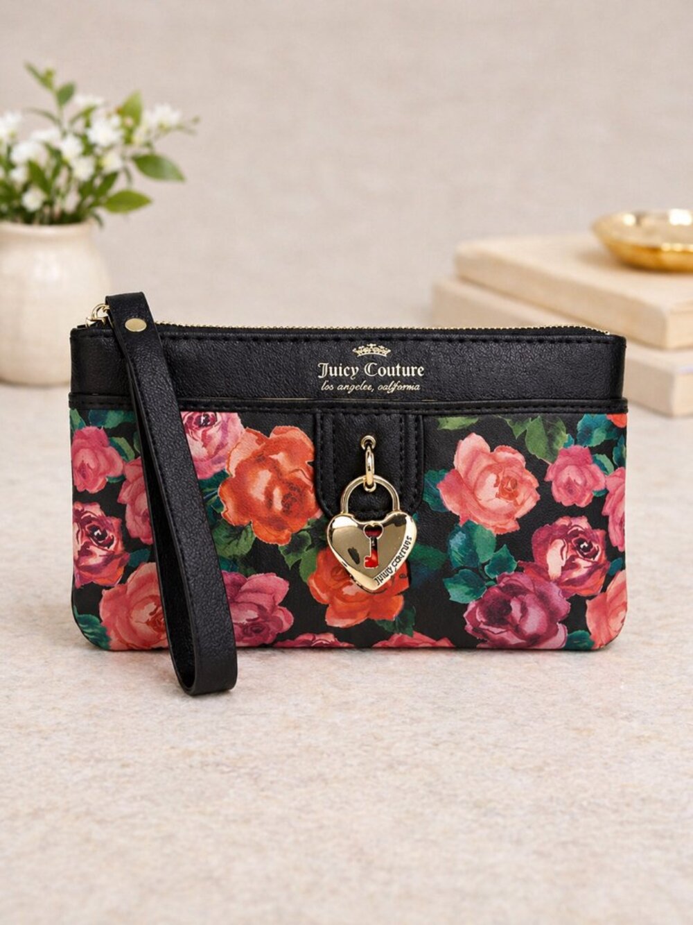 Juicy Couture Charm School Floral Wristlet Wallet Heart Charm NWT